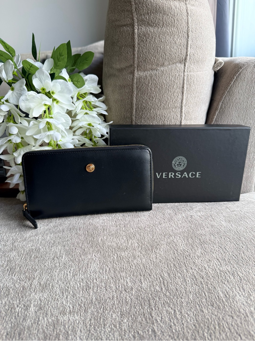 Versace Black Leather Zip Wallet with Gold Medusa Button